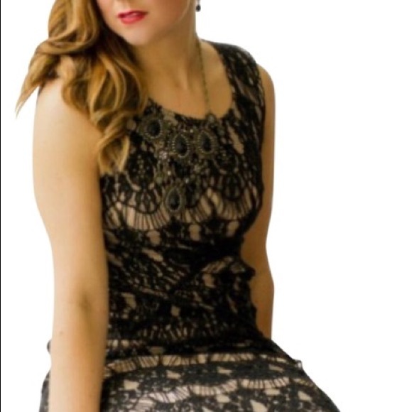 Rachael & Chloe BEAUTIFUL Black Lace & Beige Lining Bodycon NIGHT OUT Dress SZ M - Picture 3 of 12